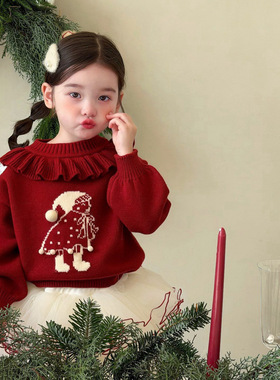 新年衣服女童毛衣2026冬季宝宝花边领加厚保暖红色过年针织中小童