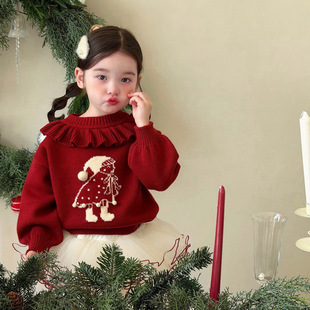 新年衣服女童毛衣2026冬季宝宝花边领加厚保暖红色过年针织中小童