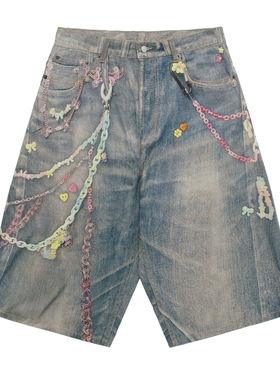 黑色圣诞树AC 25SS糖果彩虹链条3D数码打印水洗阔腿直筒牛仔短裤