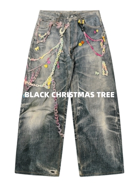 黑色圣诞树AC 25SS糖果彩虹链条3D数码打印1981M复古直筒牛仔裤