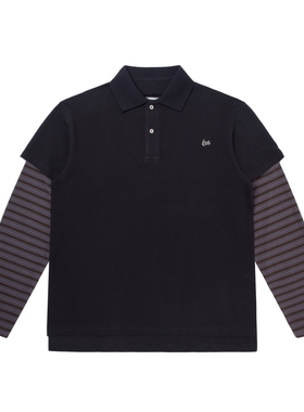 黑色圣诞树25SS ERL复古条纹水洗假两件珠地刺绣POLO衫长袖T恤