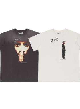 25SS Saint Michael 2PAC说唱歌手人像印花做旧褪色天地针短袖T恤