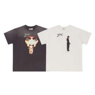 25SS Michael 2PAC说唱歌手人像印花做旧褪色天地针短袖 T恤 Saint