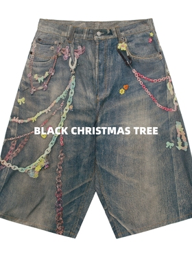 黑色圣诞树AC 25SS糖果彩虹链条3D数码打印水洗阔腿直筒牛仔短裤