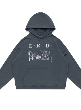 黑色圣诞树ERD 25SS忧郁的富二代战争角色破坏水洗做旧连帽卫衣