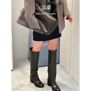 miu风2024新款秋冬真皮直筒女靴显瘦宽筒大腿围高筒骑士靴女粗跟