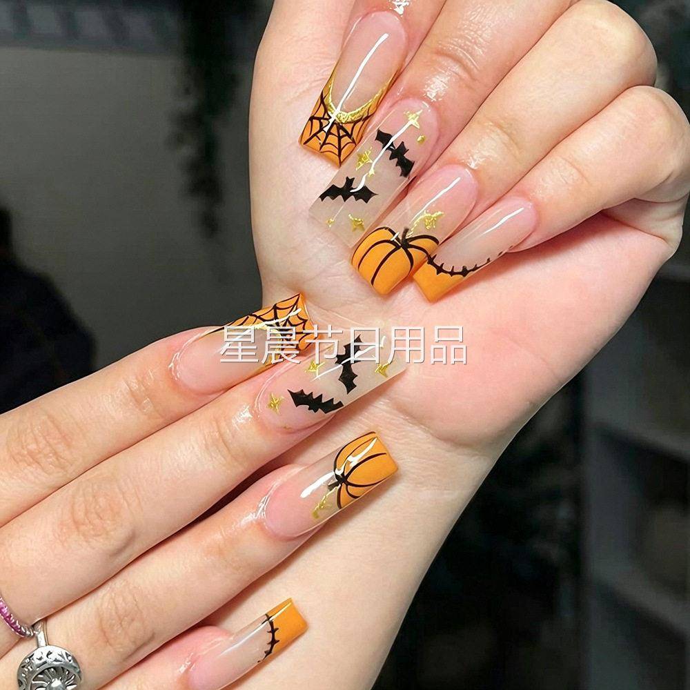 水管亮面蝙蝠假指甲暗黑蜘蛛网穿戴甲万圣节难怪美甲套装24片指甲