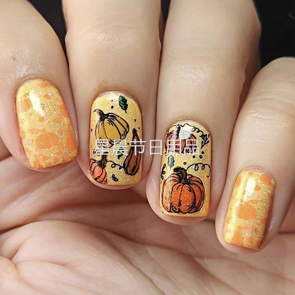 短款方甲亮面幽灵花朵南瓜可爱感恩节元素法式南瓜撞色假指甲24片