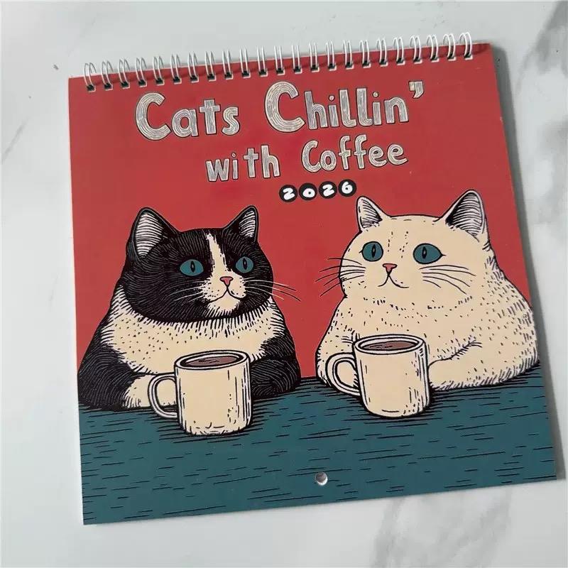 2026 Cats Chil摆lin wit1h Cof2fee 26 猫咪咖啡0放松日历桌面历