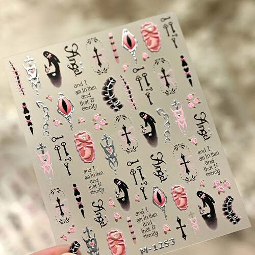 TENSOR万圣节新款M1253烫银ins复古少女可爱鬼眼球十字架美甲贴纸