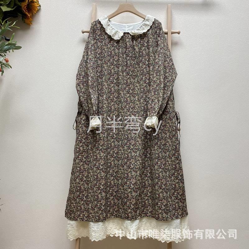 大码日系甜美棉麻秋碎绣花连衣裙春季刺娃娃领系带假两件长袖长裙