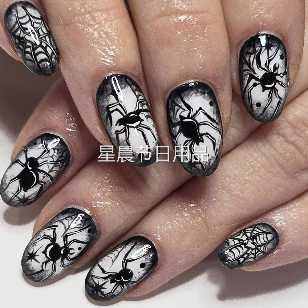 万圣节假指甲短款亮面法式蜘蛛网假指甲黑色暗色穿戴式美甲片套装
