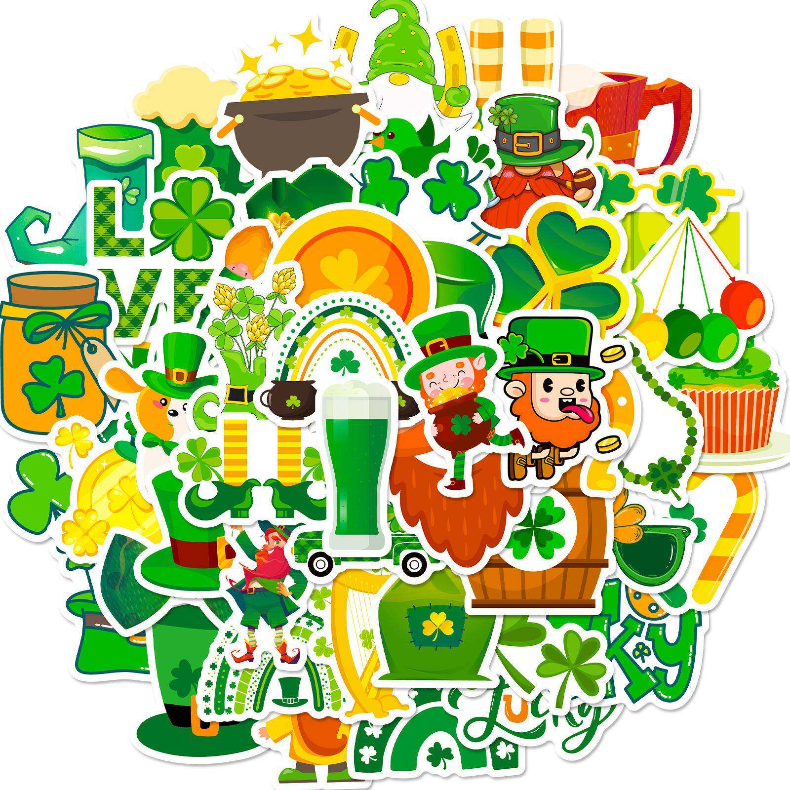 50张圣帕特里克主题三叶草贴纸儿童卡通爱尔兰绿帽子派对贴纸