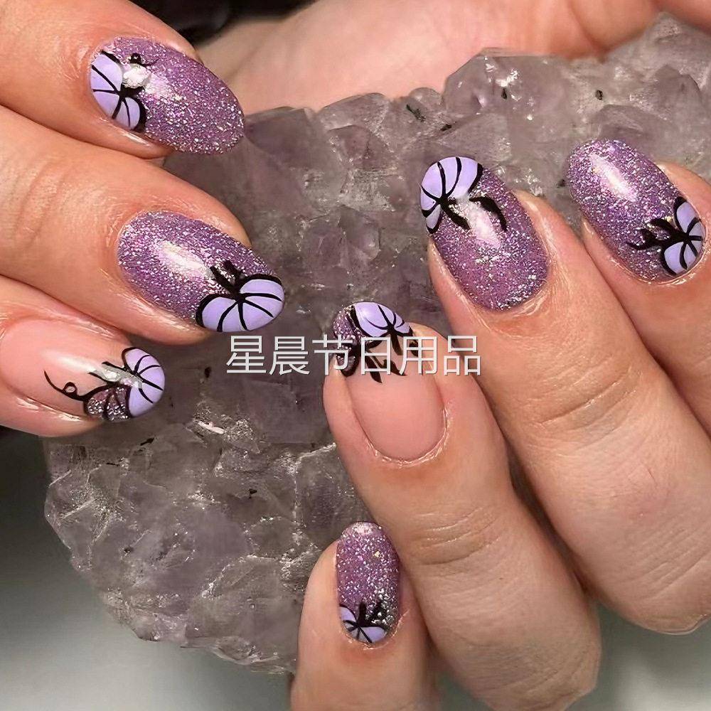 万圣节穿戴甲紫色南瓜法式图案个性辣妹爆闪美甲24片可拆卸假指甲