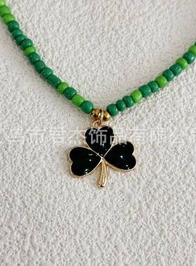 爱尔兰吊坠项链圣帕特里克节三叶草帽派对米珠颈链潮