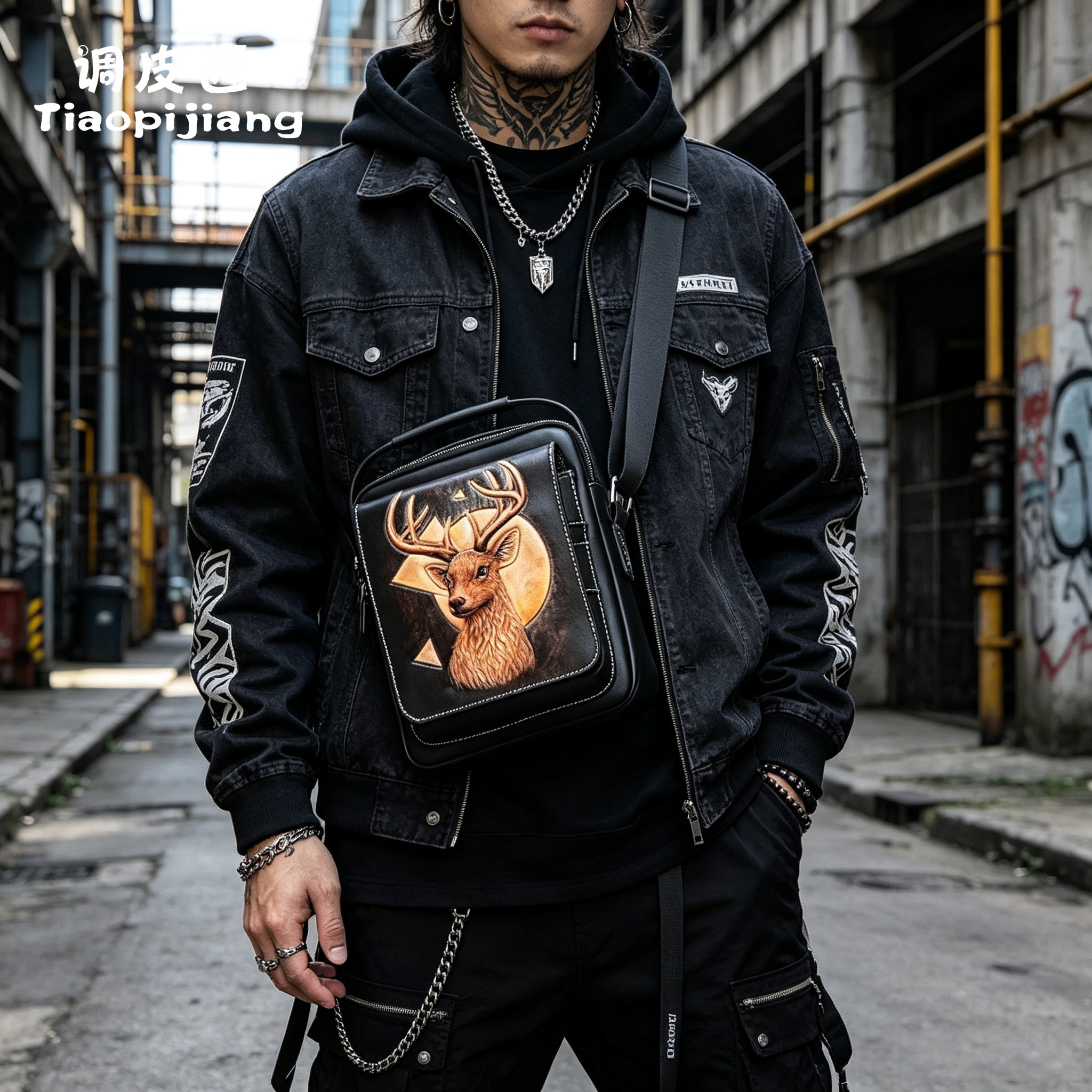 调皮匠男士包包2026新款潮牌单肩斜挎包小众设计感大容量皮雕背包