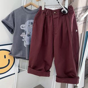 2026春季新款纯棉洋气酱紫红洋气男童女童宽松休闲裤百搭韩版长裤