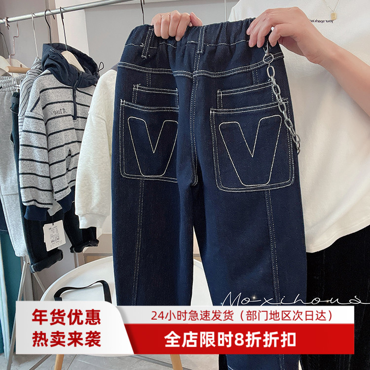 儿童秋冬加绒加厚刺绣牛仔长裤