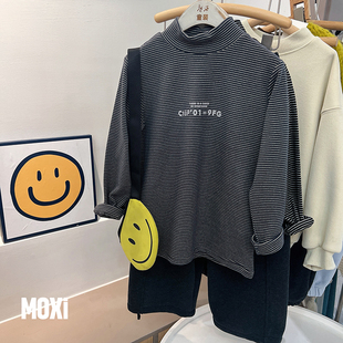 2025秋冬新款 条纹高克重百搭上衣洋气 男童女童儿童加厚德绒打底衫