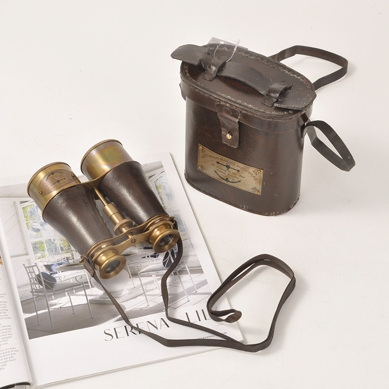 欧式进口英伦皇家海军复古怀旧黄铜双筒望远镜实用带皮盒装饰摆设