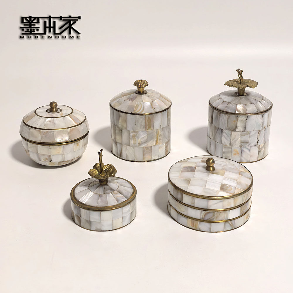 印度进口纯手工贝壳拼接饰品盒收纳盒罐带盖工艺品样板房桌面摆设