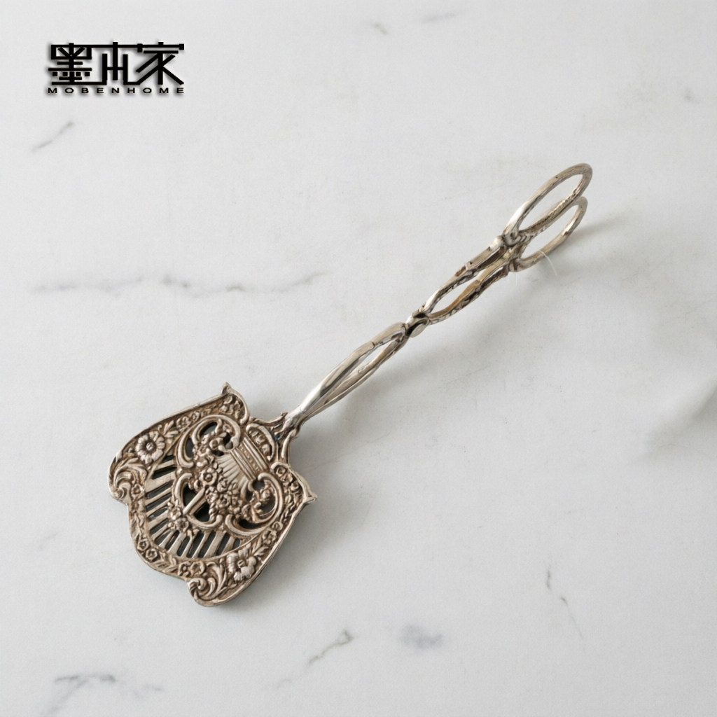 欧式进口银色复古镂空雕花点心夹 西洋古董风蛋糕糖夹样板间摆件
