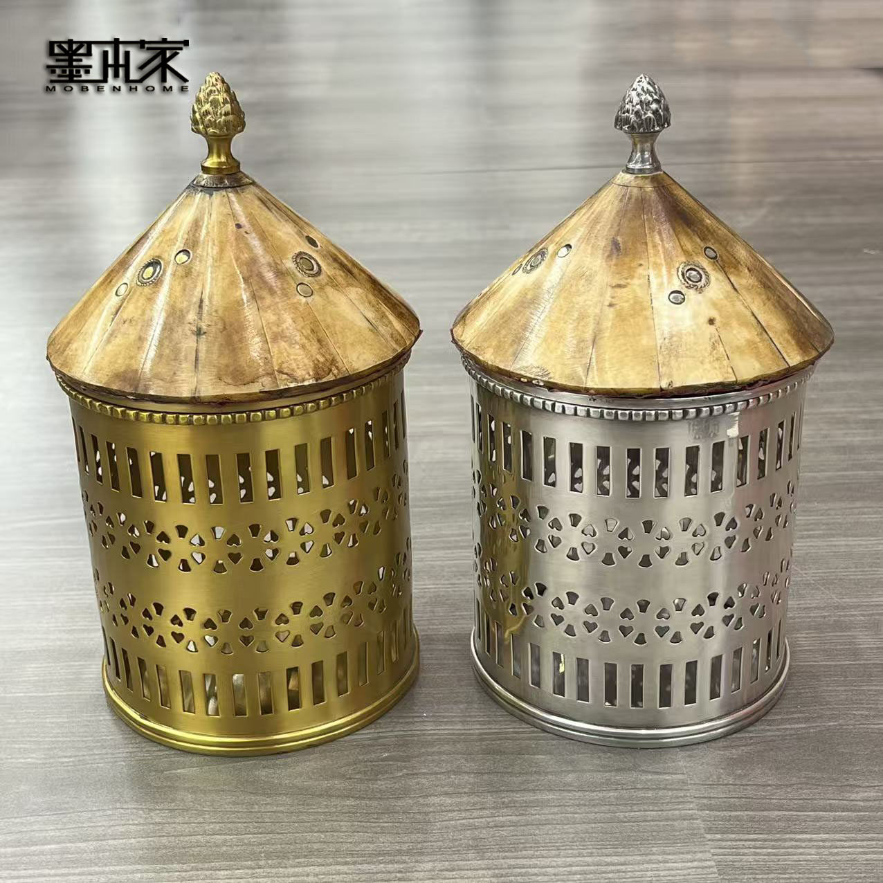 印度进口复古黄铜手工牛骨拼接雕花装饰储物罐首饰盒银色桌面摆件