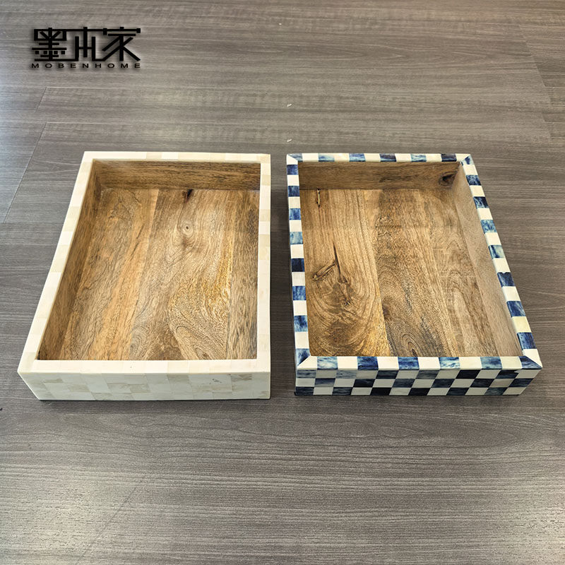 印度进口牛骨实木高档轻奢复古装饰果盘方形收纳托盘创意装饰摆件