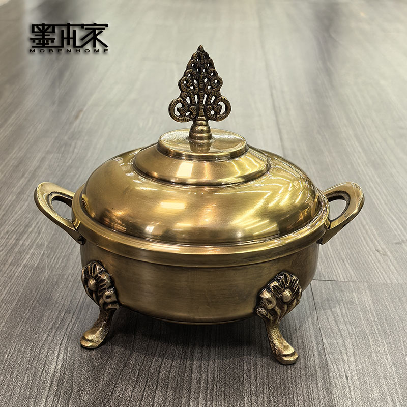 印度进口美式复古手工纯黄铜储物盒轻奢家居首饰盒茶叶罐装饰摆件