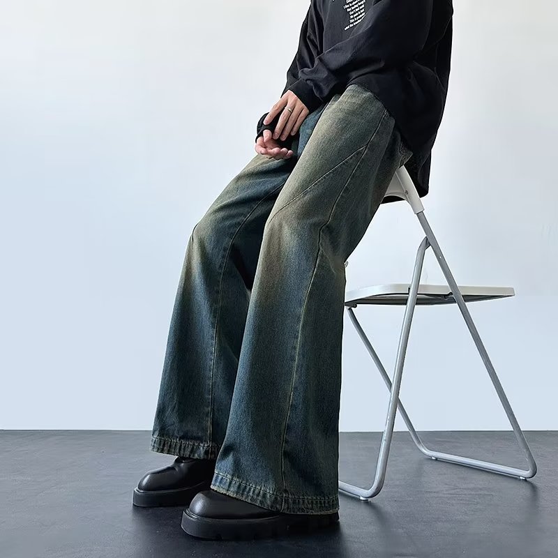 复古渐变牛仔裤直筒阔腿拖地长裤