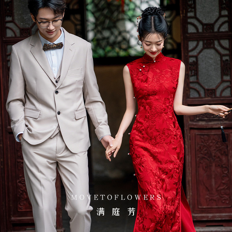满庭芳|绯光 新中式复古红色真丝旗袍女2026新款新娘敬酒订婚礼服
