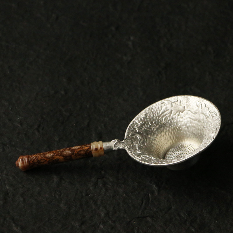 苏工纯手工精工制作梅鹿竹老料手柄锡茶漏茶道过滤器茶具零配竹器