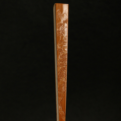 速发王伟本工文玉扇竹骨东名家向平本工浅浮雕山水竹雕老人折扇