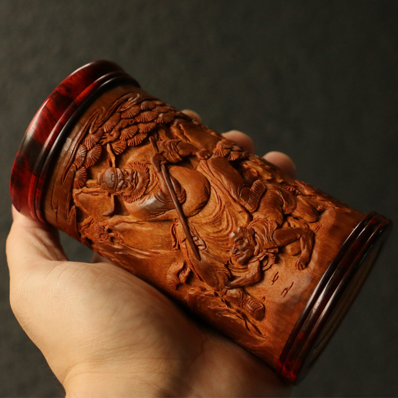 一物一拍海派小叶紫檀口盖镶嵌名家伍再娟本工浮雕老竹茶叶罐竹雕,特色手工艺,竹编/竹雕,淘宝优惠券,粉丝福利购,淘宝优惠卷