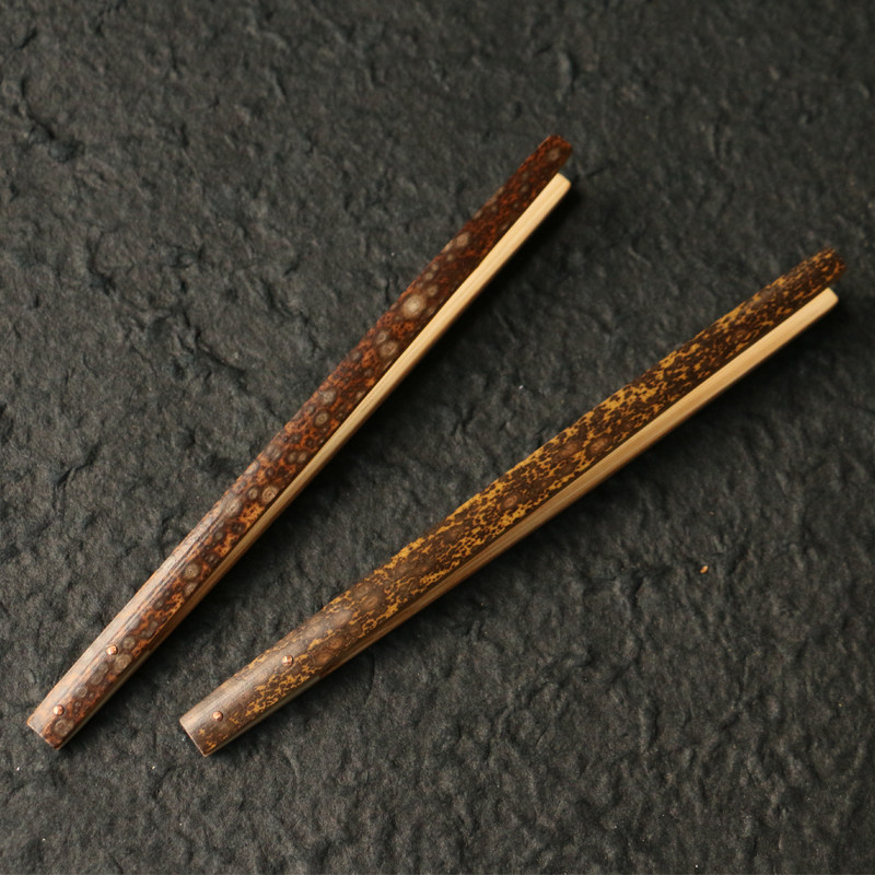 精品湖南九嶷山梅鹿竹老料纯手工精工制作茶道茶夹茶具铜钉固定竹