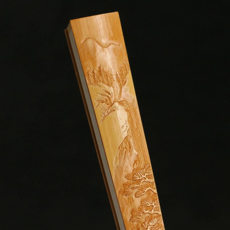 安吉王伟老玉竹扇骨东阳名家向平本工浅浮雕加留青山水雕刻竹扇子