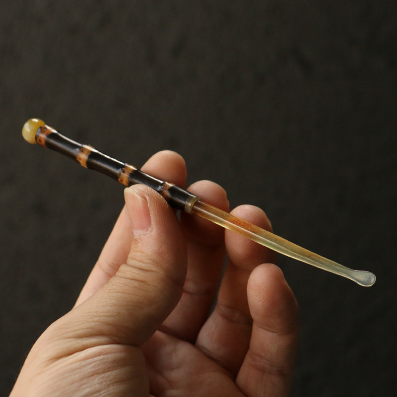 精选紫竹鞭老料紫竹筒牛角头部精工打磨制作挖耳勺把件把玩竹器