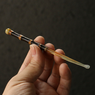 精选紫竹鞭老料紫竹筒牛角头部精工打磨制作挖耳勺把件把玩竹器