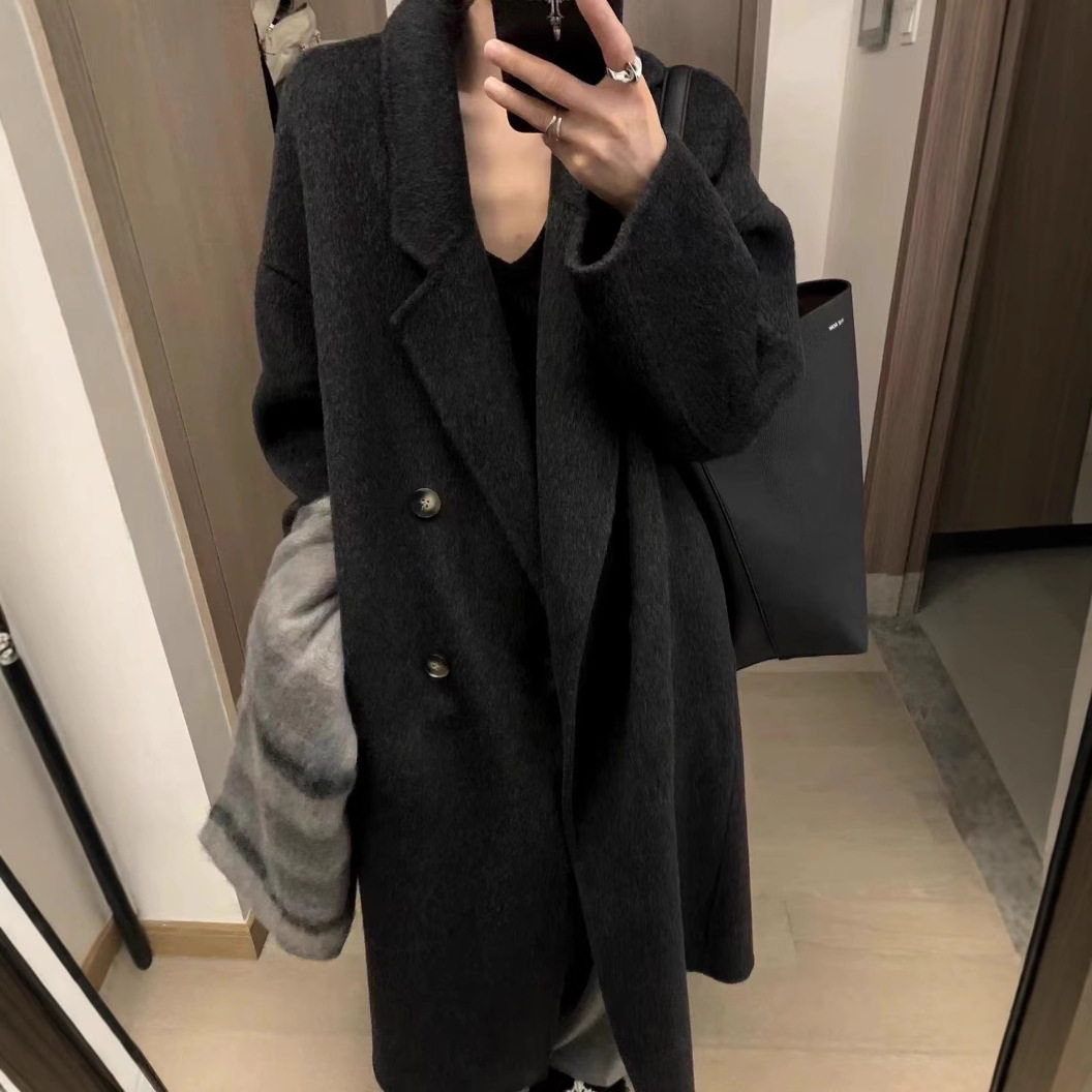MOLIN爆款炭黑色双面羊毛大衣女