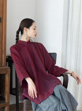 大拙老钱风色织亚麻斜襟立领盘扣宽松款国风衬衫231030