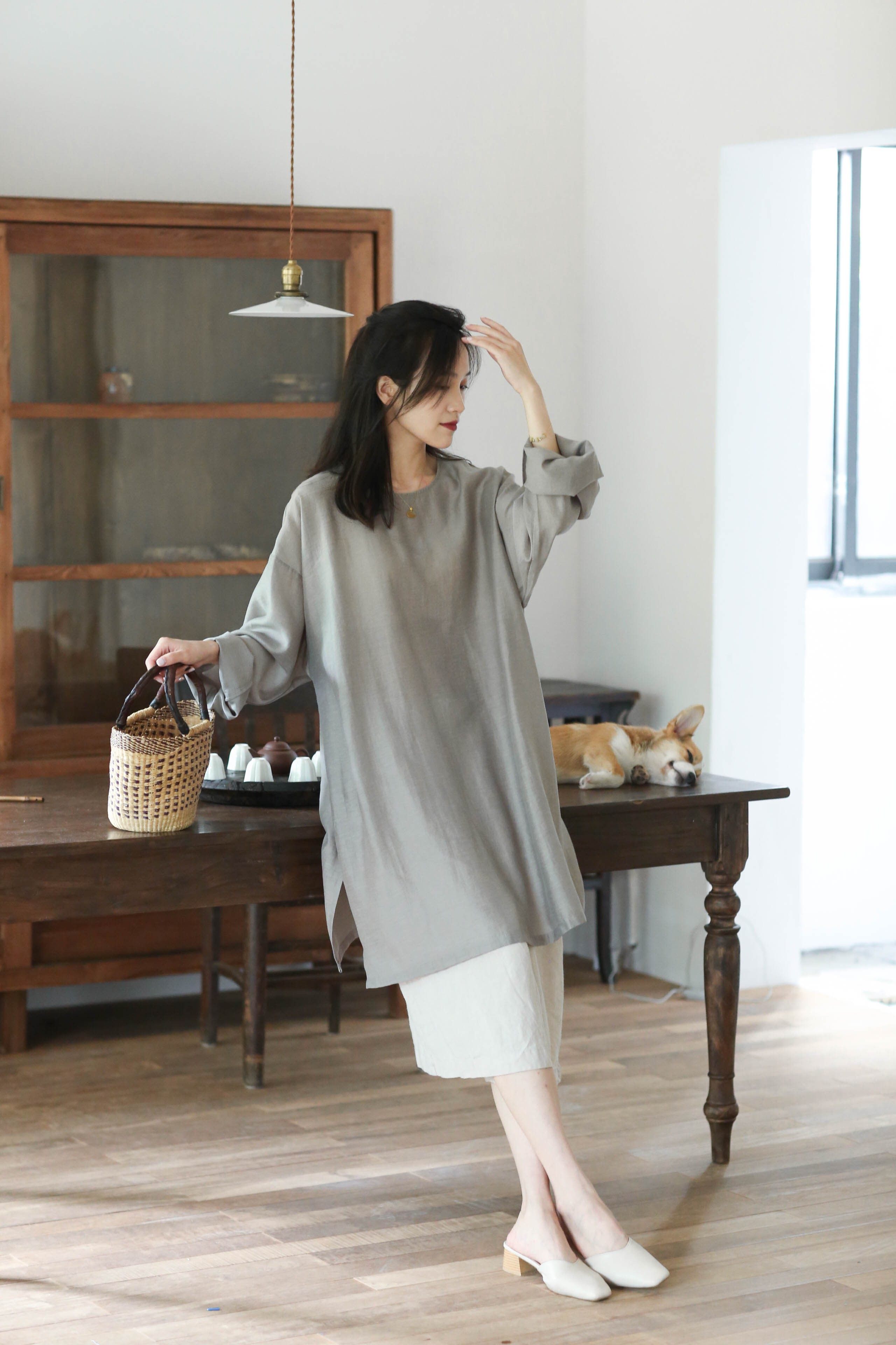 大拙微胖女生穿搭简约大方h型丝麻连衣裙50316