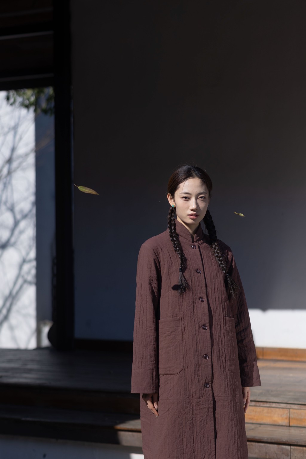 大拙立领亚麻棉双层长外套