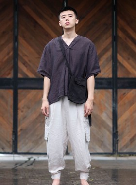 大拙原创休闲纯色宽松短袖亚麻通勤衬衫少年感中国风210408