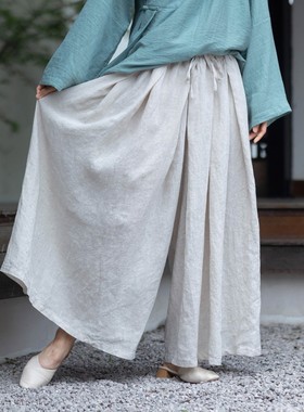 大拙初夏流行风格穿搭洗旧亚麻松紧腰走路带风大阔腿休闲裤220101
