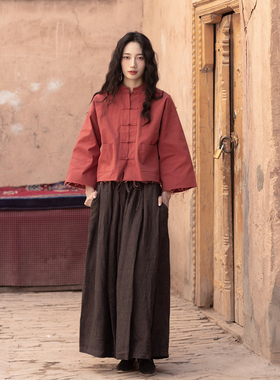 大拙秋日艺术生OOTD色织亚麻松弛有度松紧腰阔腿裤/休闲裤220101