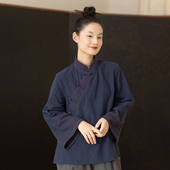 大拙东方自然美棉麻国风国潮斜襟拼接立领盘扣衬衫 241126