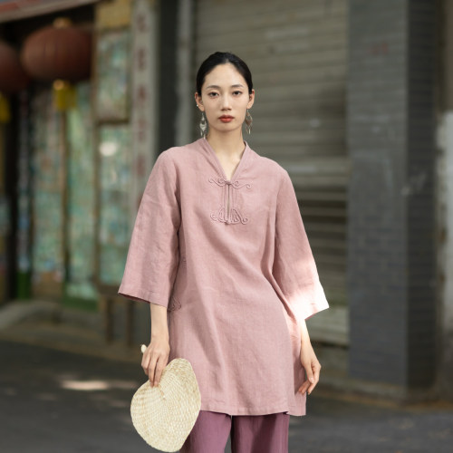 大拙东方美学蝴蝶扣亚麻衬衫