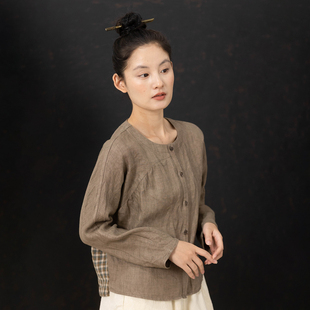 大拙无彩色美学穿搭优雅亲肤亚麻圆领经典 250813 拼接宽松通勤衬衫