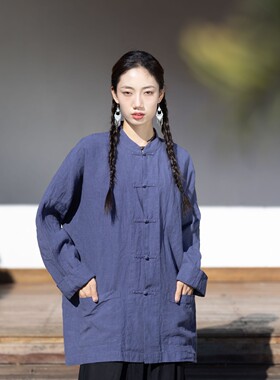 大拙复古文艺穿搭立领盘扣汉麻宽松款纯色长袖通勤衬衫4026