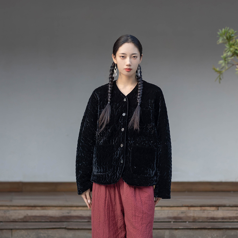 大拙高级感穿搭丝绒绗缝棉浅V领单排扣纯色宽松款通勤棉衣240926